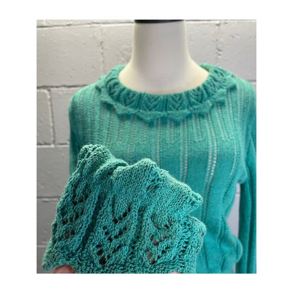 Vintage 1980s Teal Knit Cropped Sweater Lace Collar Cuffs Med Cottage Preppy - Picture 3 of 10